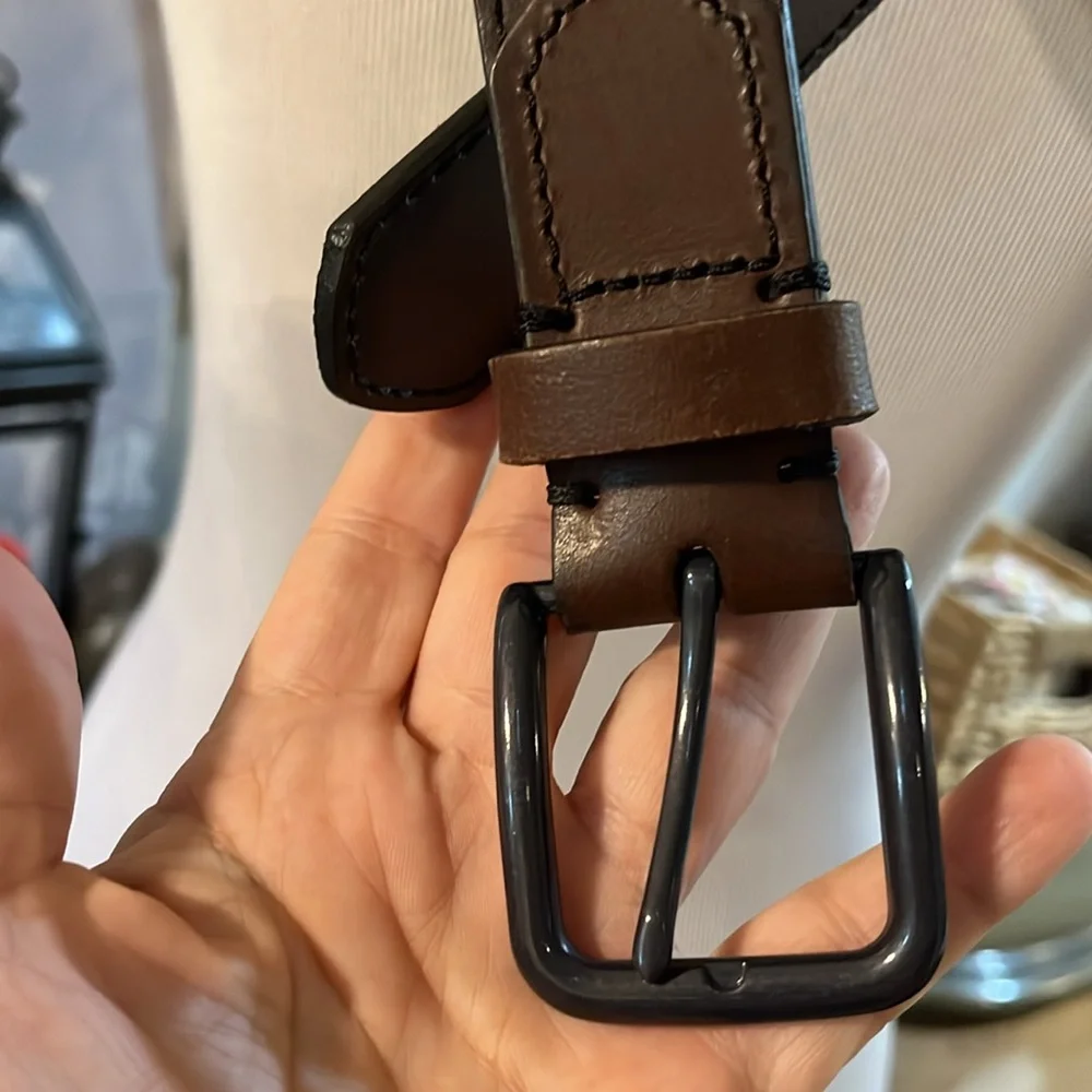 WALMART MENS FULL GRAIN LEATHER BELT DARK BROWN GUN METAL FINISH BUCKLE SIZE 32